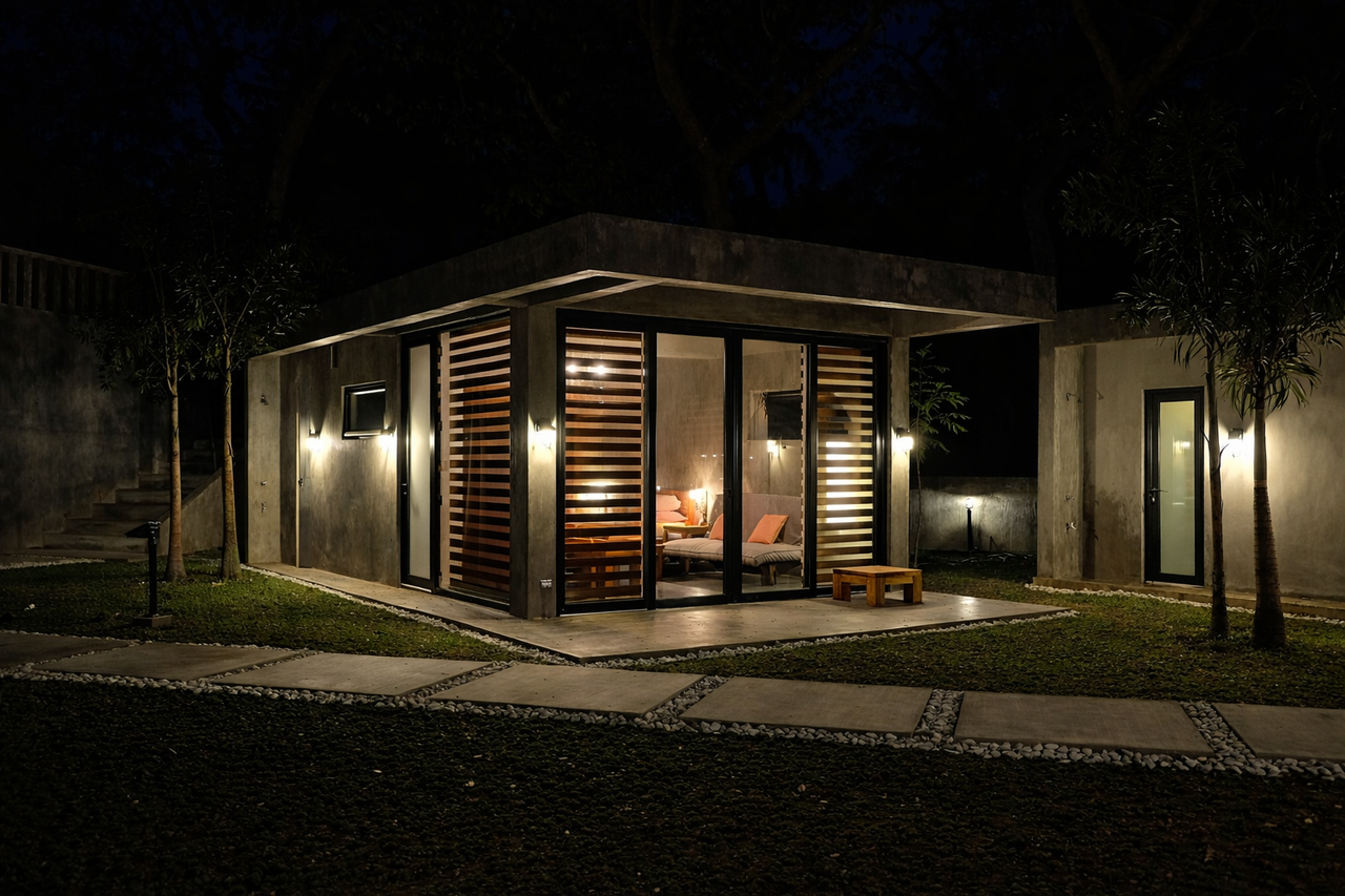 A Shoreline cabin glowing at night, wood louvers and glass doors
