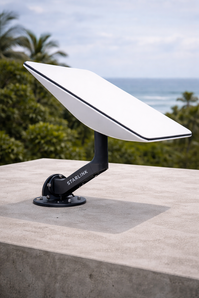 A Starlink satellite dish mounted by the sea at Veue
