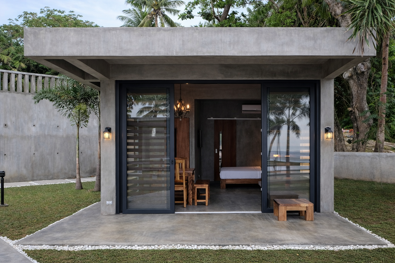 A Shoreline cabin with glass doors slid open, seeing through to the greenery beyond