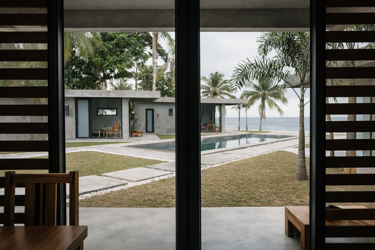 Looking out from a Shoreline cabin across the lawn and pool to the sea