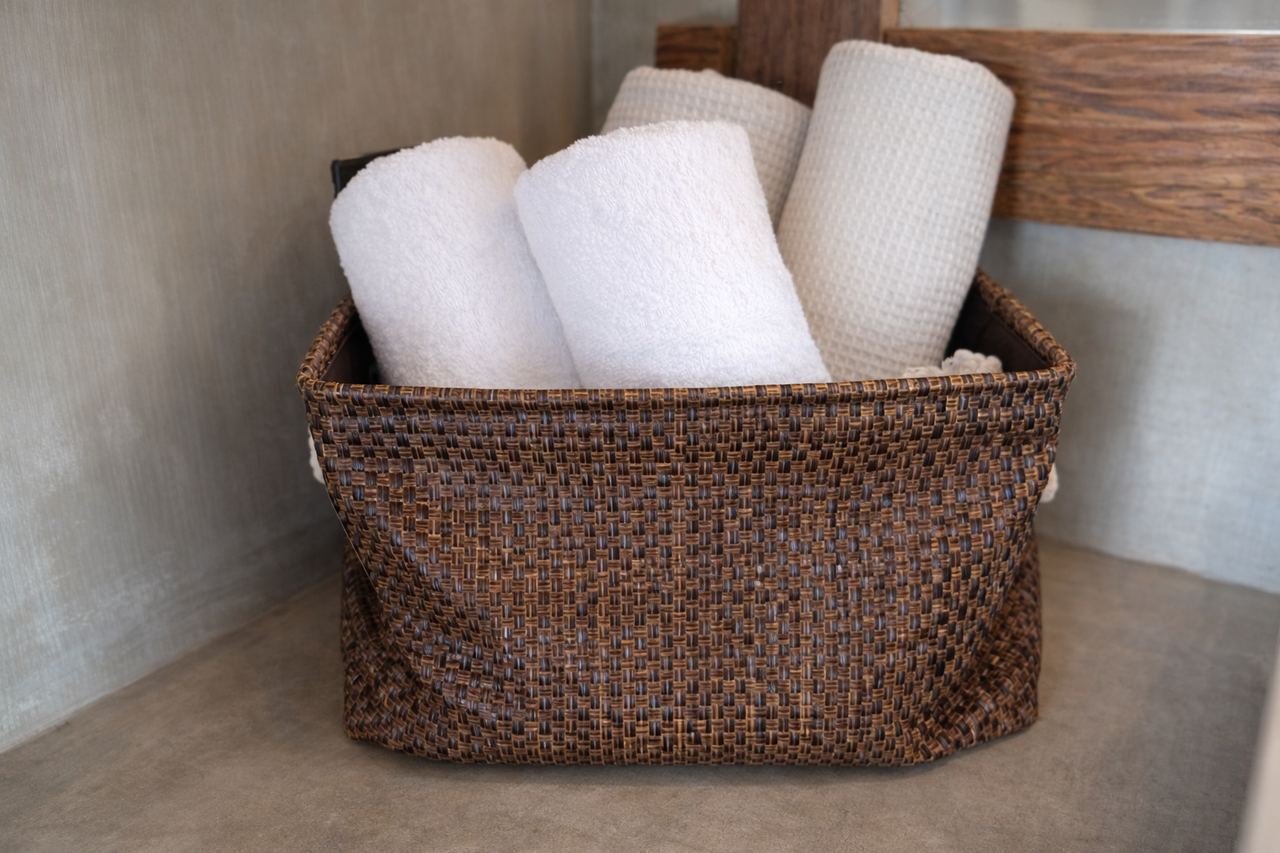 A basket of fresh rolled towels from housekeeping at Veue