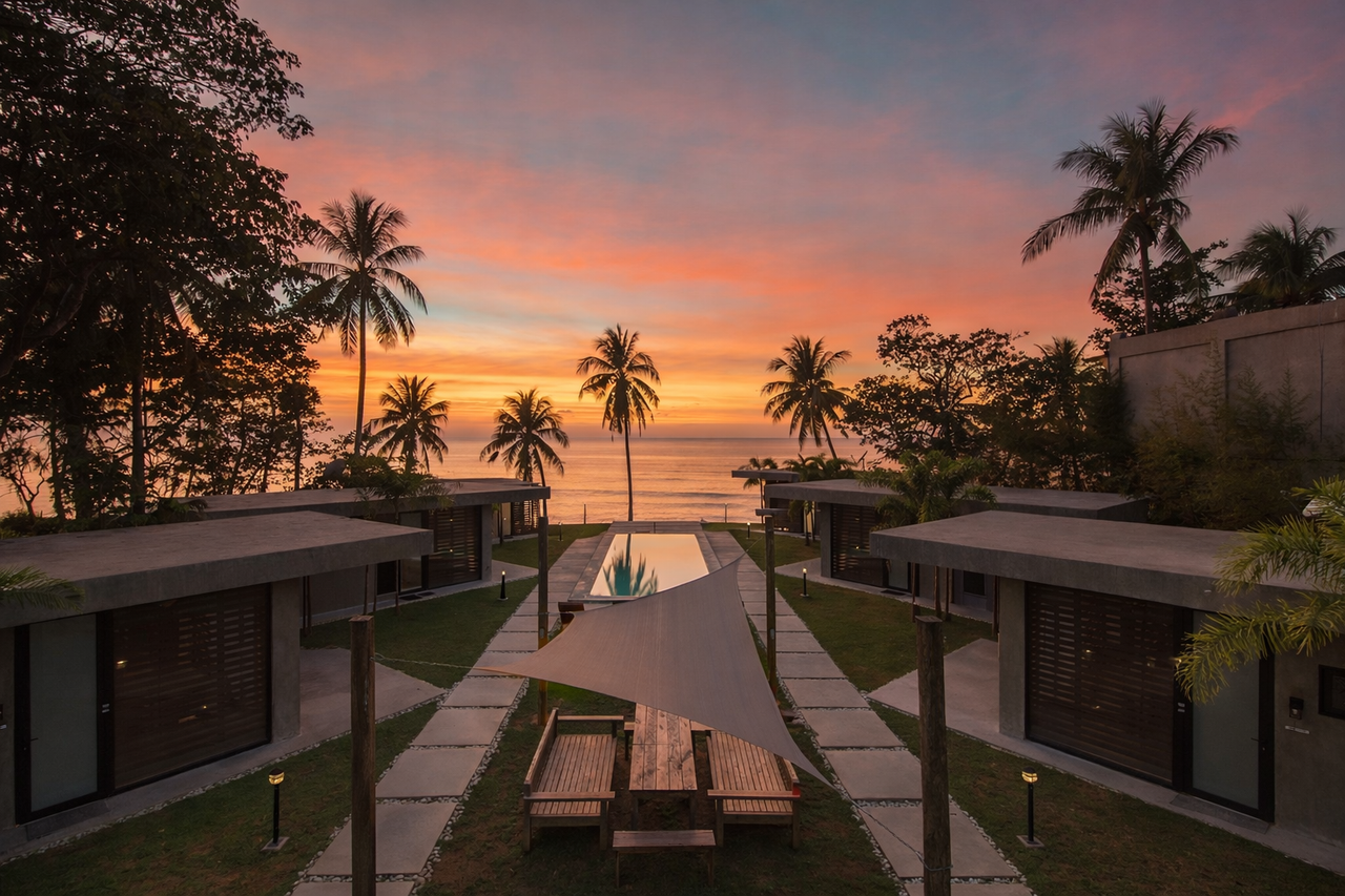 Aerial view of Veue Beach Cabins at sunset