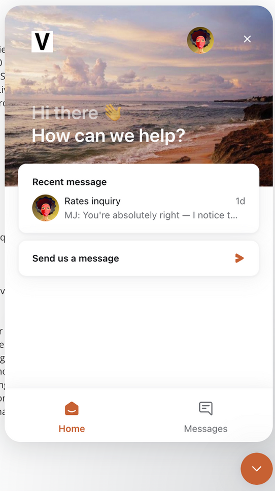 The Veue chat widget where guests message MJ, the concierge