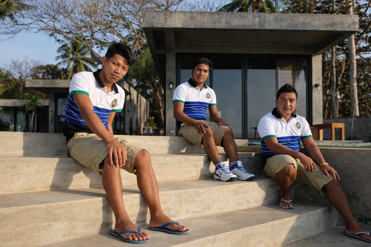 The local caretaker team sitting on the steps at Veue