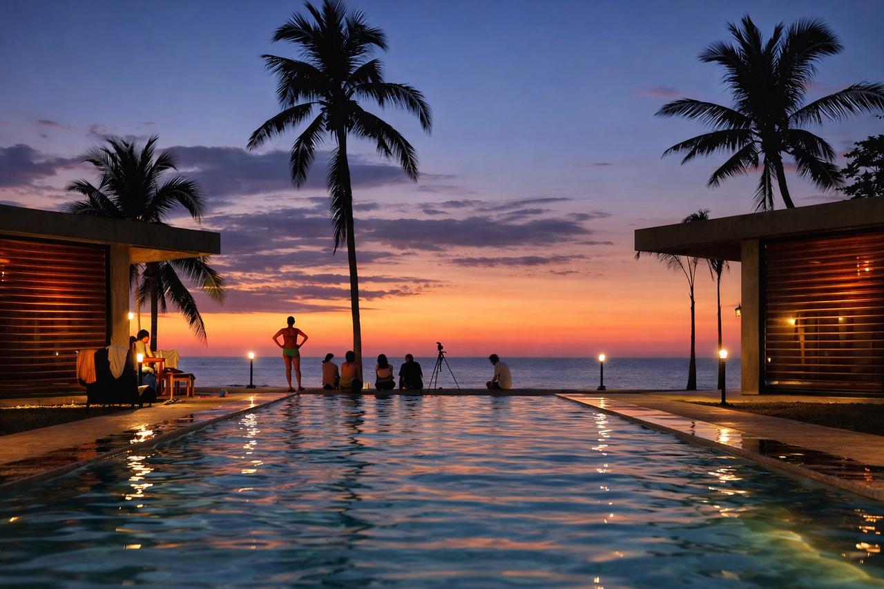 Guests gathered at the pool edge watching the sunset at Veue