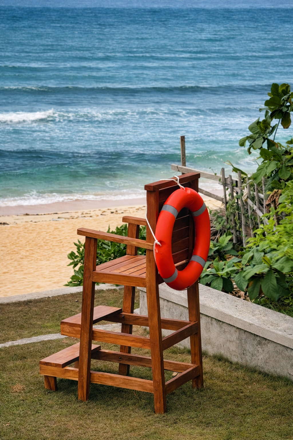 A custom lifeguard chair and life ring at the edge of the beach at Veue