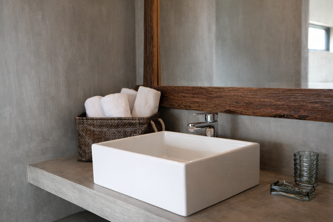 A vessel sink and wood-framed mirror on the vanity in a Shoreline cabin