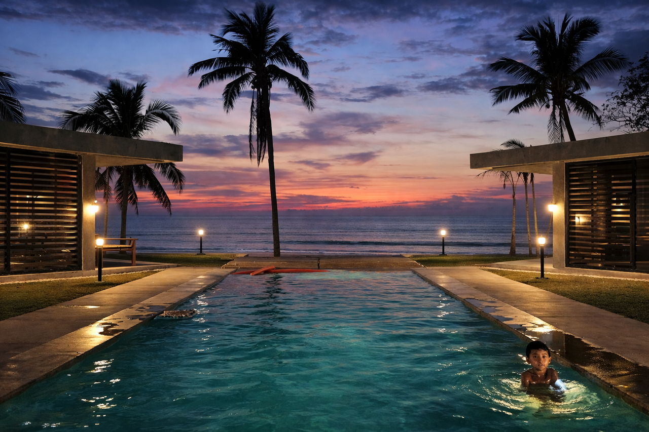 Someone swimming in the lit pool at dusk between the Shoreline cabins