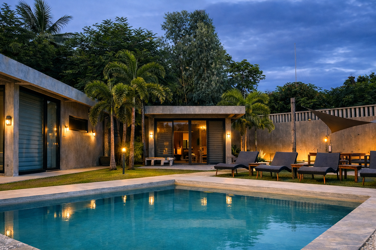 Loungers beside the pool outside the Dans and Baldemor Cabins at dusk