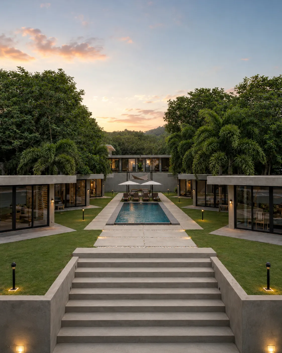 Sunrise light over the Veue Beach Cabins pool and grounds, facing inland toward the hills.