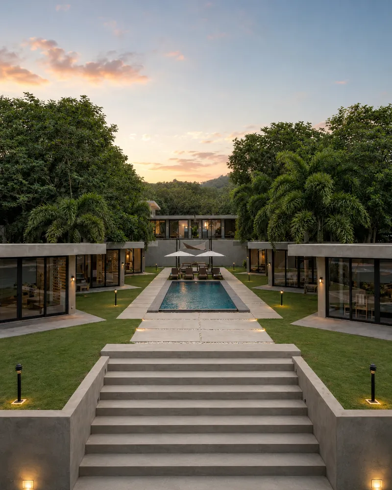 Sunrise light over the Veue Beach Cabins pool and grounds, facing inland toward the hills.