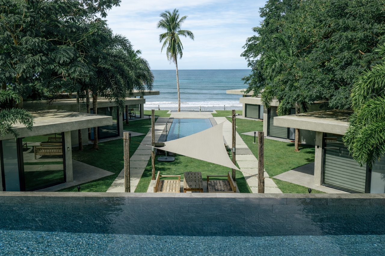 The stacked infinity pools at Veue looking out to the sea