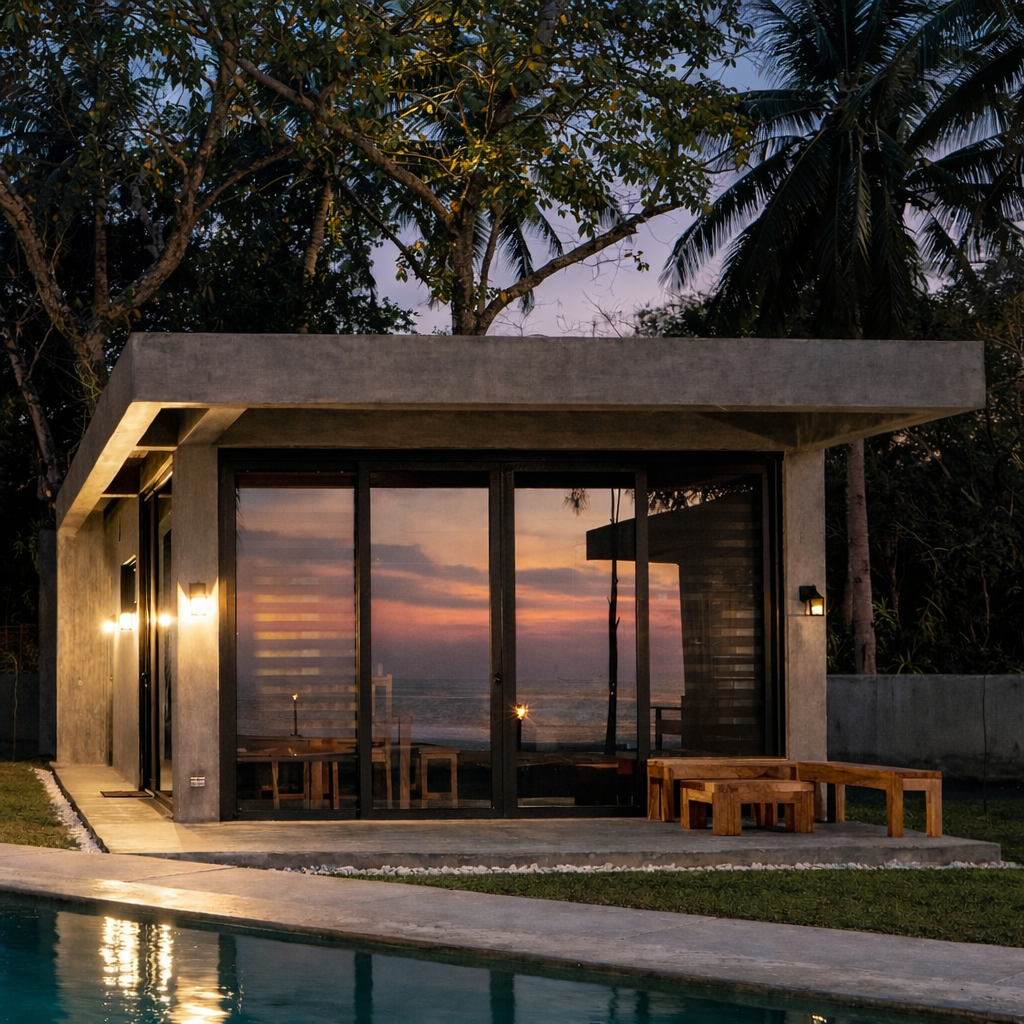 A glass-walled cabin at dusk with the sunset showing through to the sea