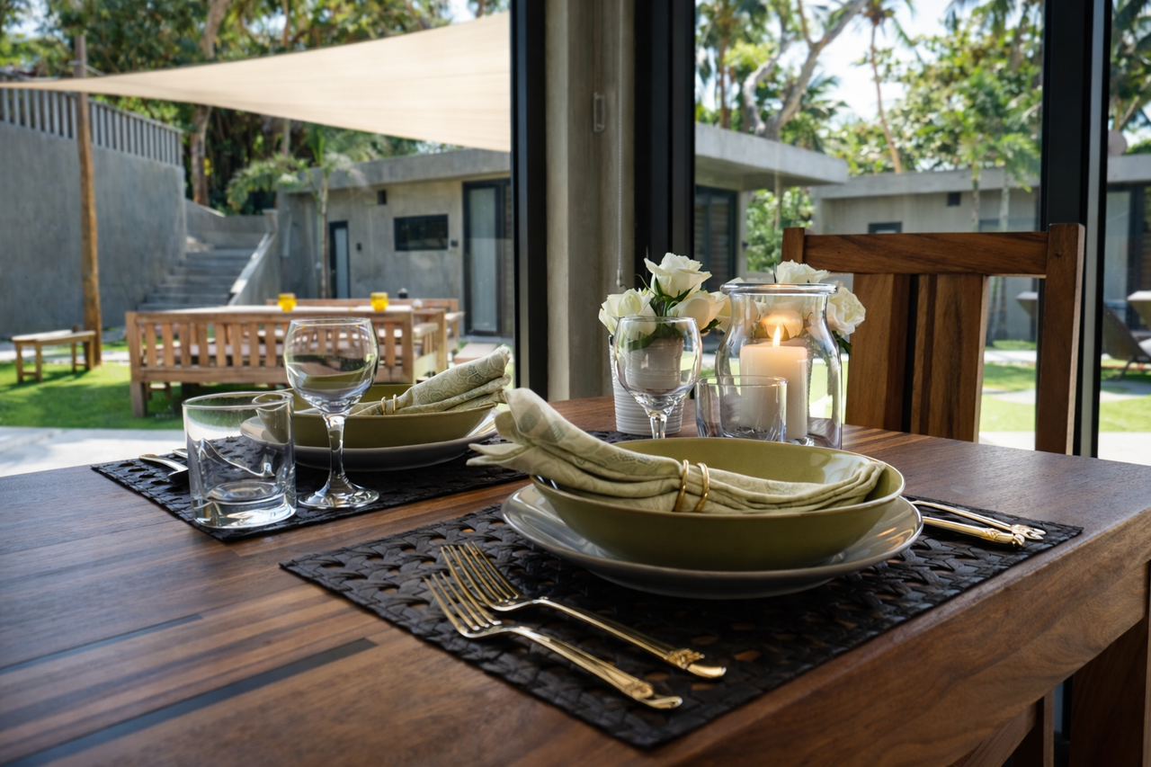 A dining table set with candle and flowers by the glass doors in a Shoreline cabin