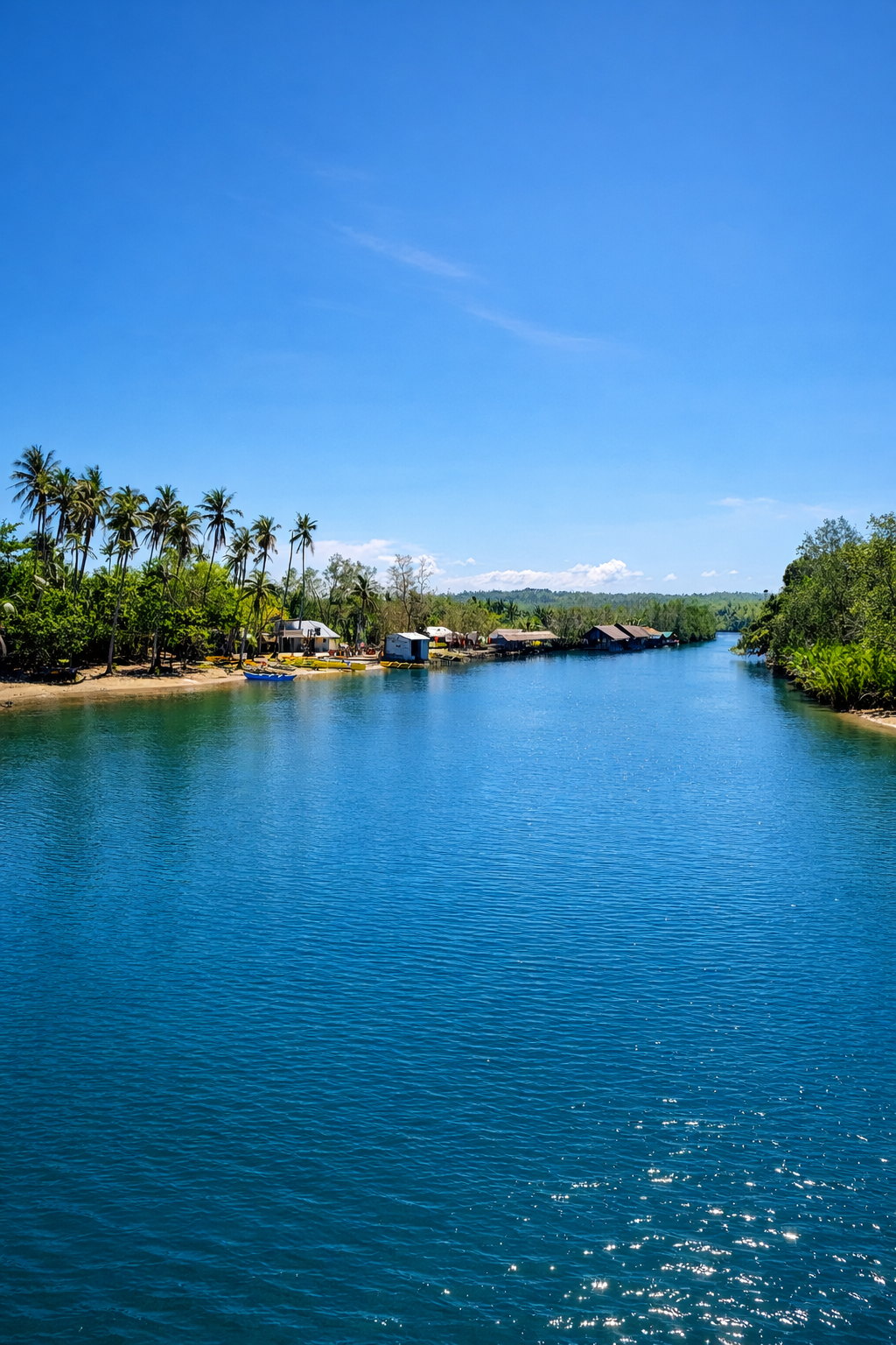 A long bamboo raft restaurant on the Balingasay River, surrounded by green mangroves on both banks.