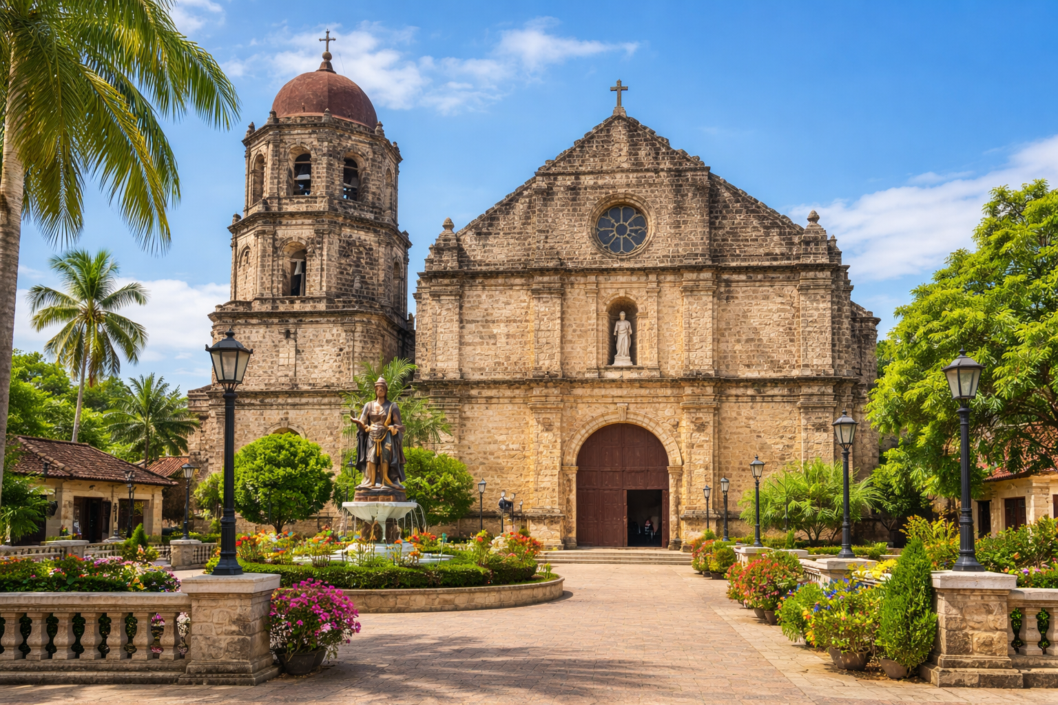 The dark-stone facade of Saint James the Great Parish Church in Bolinao, with its bell tower set against a bright sky.