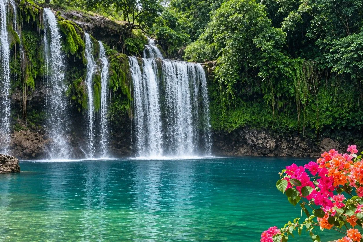 Bolinao Falls 1 spilling over a mossy rock face into a clear turquoise pool, with pink and orange bougainvillea in the foreground, Bolinao, Pangasinan.