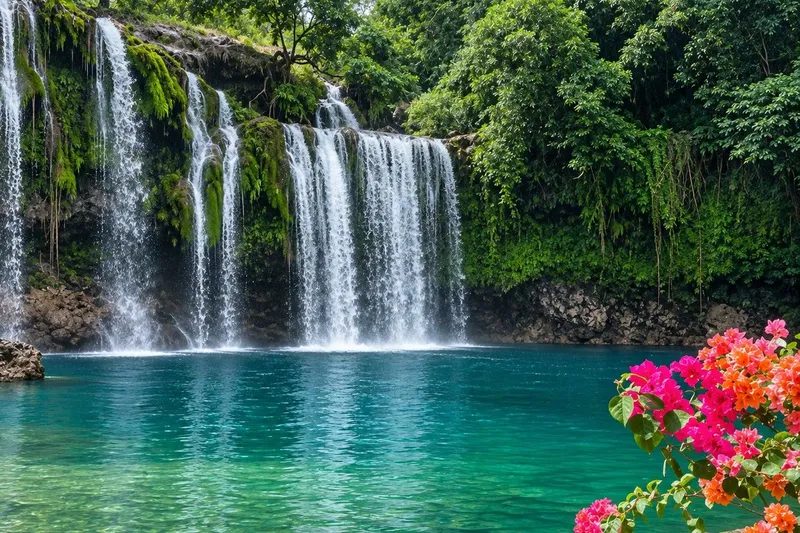 Bolinao Falls 1 spilling over a mossy rock face into a clear turquoise pool, with pink and orange bougainvillea in the foreground, Bolinao, Pangasinan.