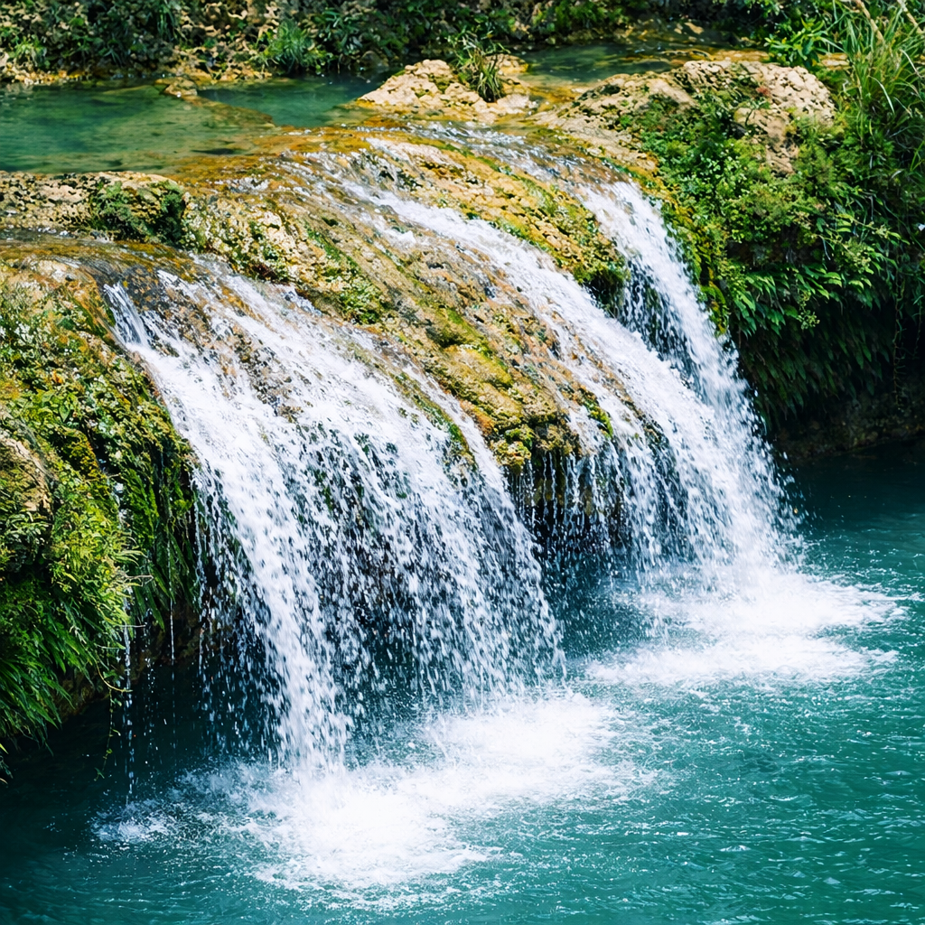 A wide cascade of Bolinao Falls 2 spilling over a rock face into a clear, shallow basin surrounded by green forest.