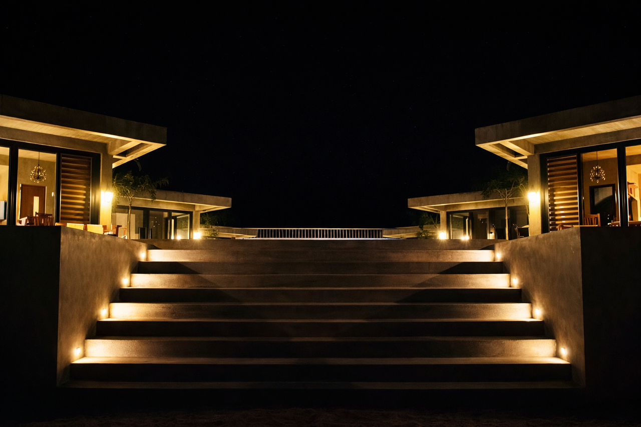 The wide concrete staircase lit warm at night between two glowing cabins