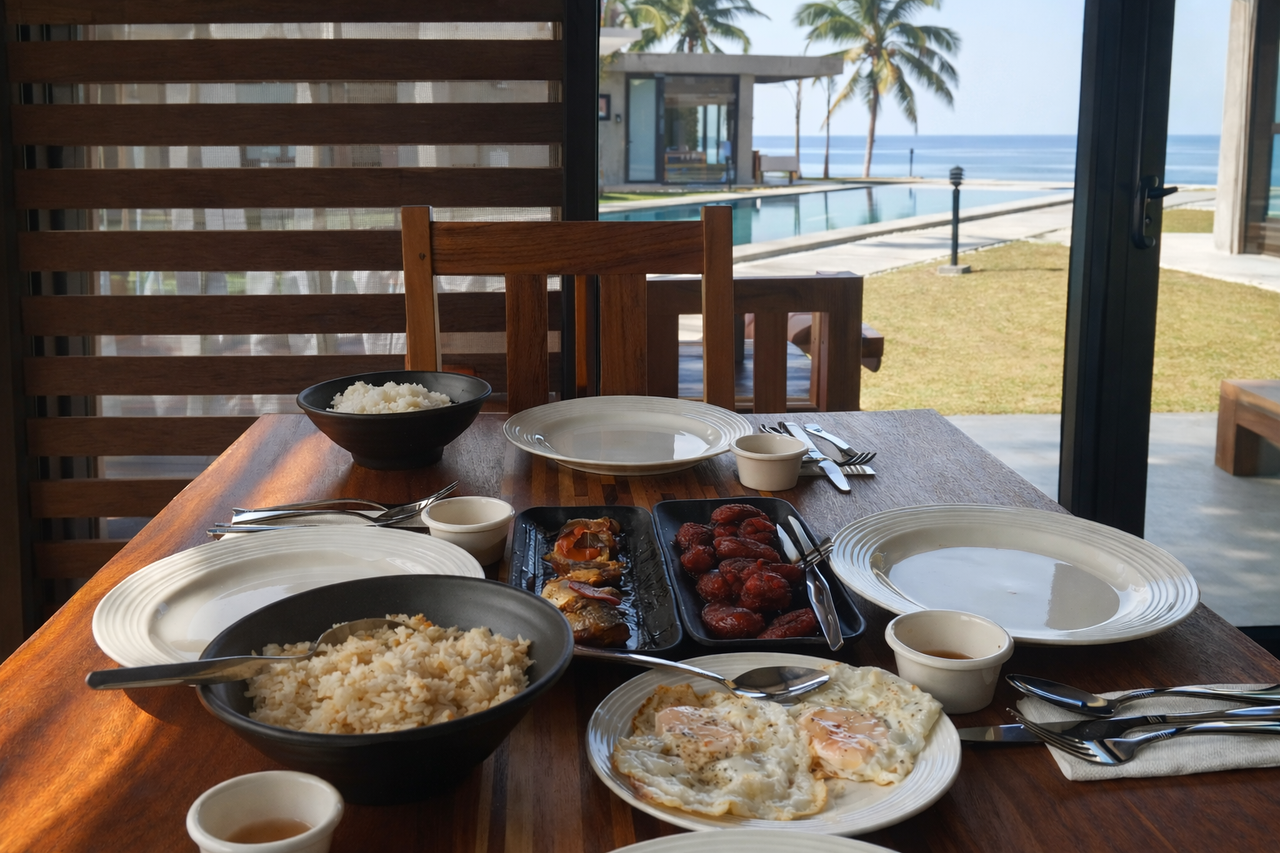 A Filipino breakfast on the cabin dining table with the sea beyond