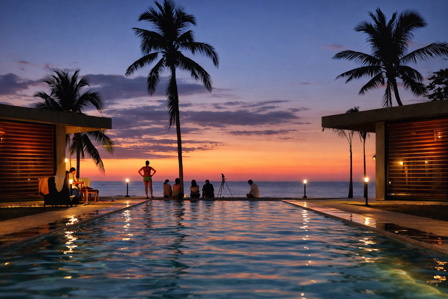 Guests gathered at the pool edge watching the sunset at Veue