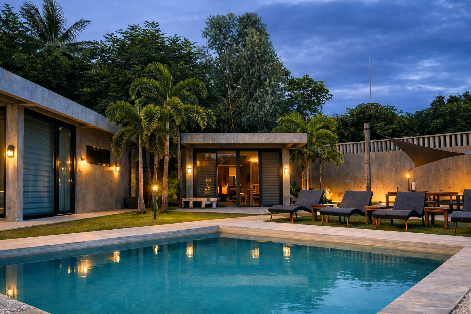 Loungers beside the pool outside the Dans and Baldemor Cabins at dusk