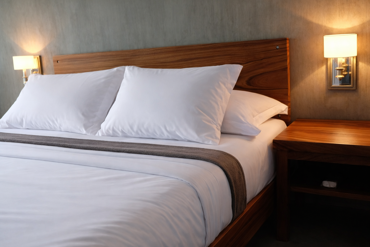 A king-size bed with white linens and warm sconce lighting in a Shoreline cabin