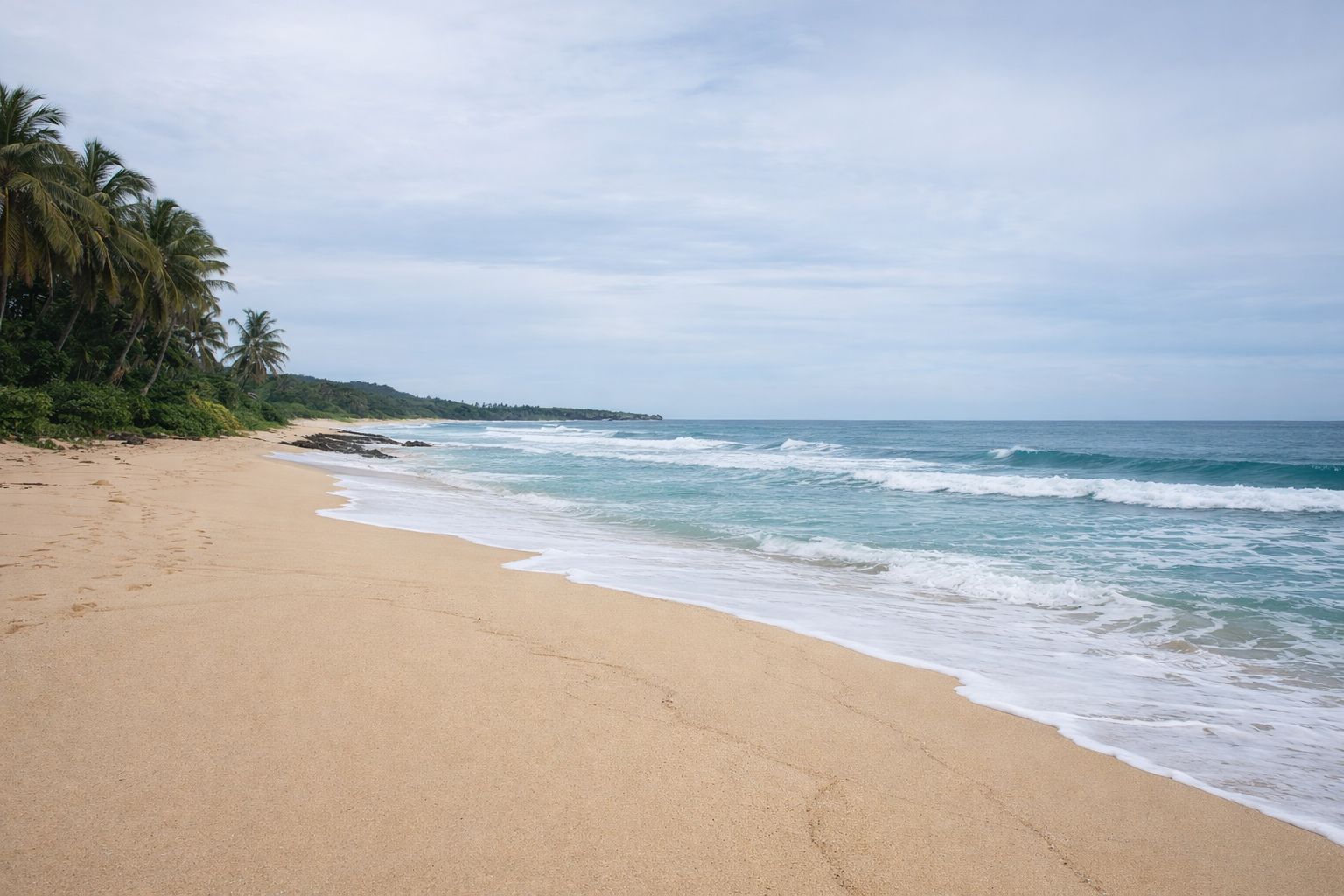 A long, empty stretch of Patar Beach shoreline in Bolinao at low tide, the wet sand reflecting the sky.