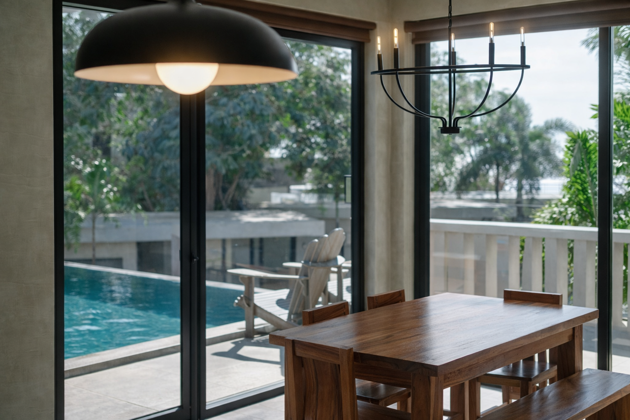 A Horizon dining table by glass walls overlooking the infinity pool and sea