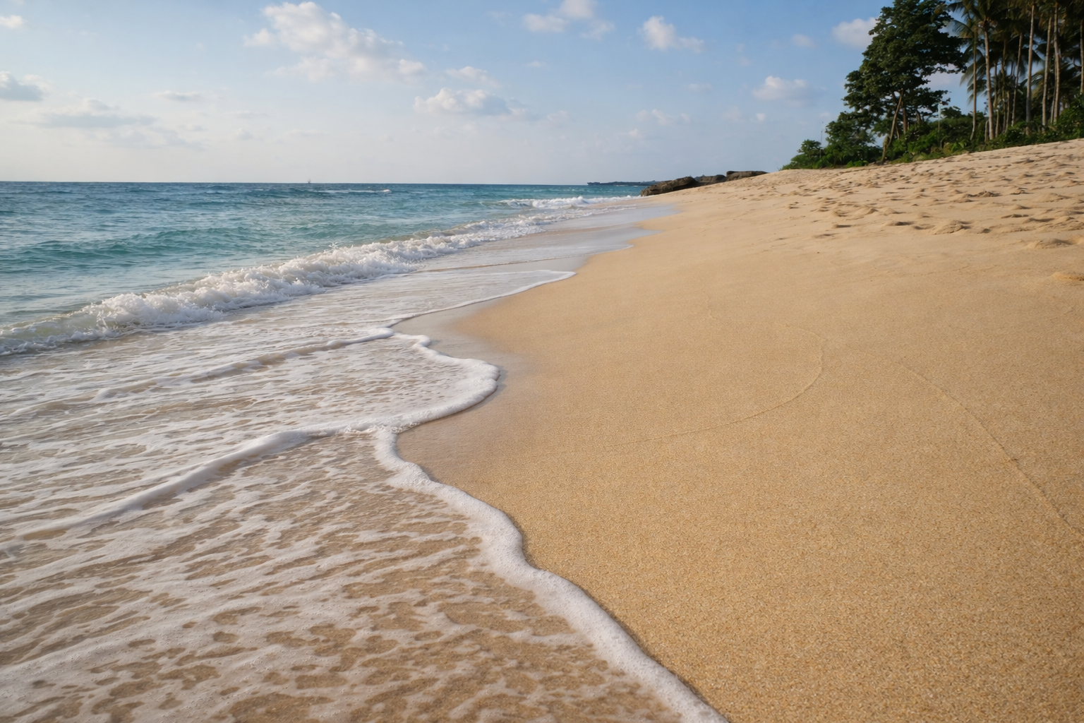 Patar Beach, Bolinao, with gentle waves rolling onto fine golden sand under a soft sky.