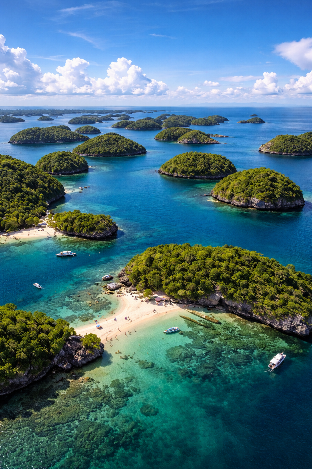 An aerial view of Hundred Islands National Park, dozens of small green-topped limestone islets scattered across pale turquoise water.