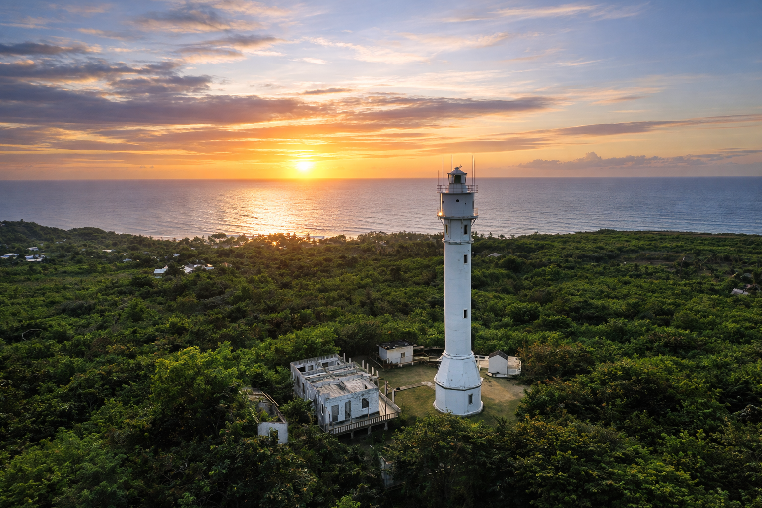 The Cape Bolinao Lighthouse, a tall white masonry tower standing on the high ground above Patar, with the sea behind it.