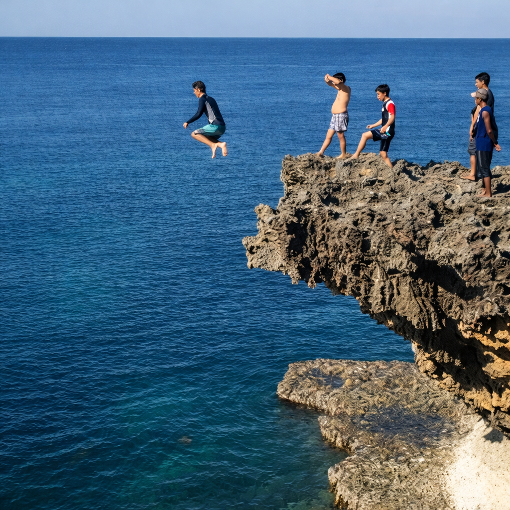 A guest mid-air cliff-jumping from a limestone ledge into the deep blue water off Polipol Island, Bani.