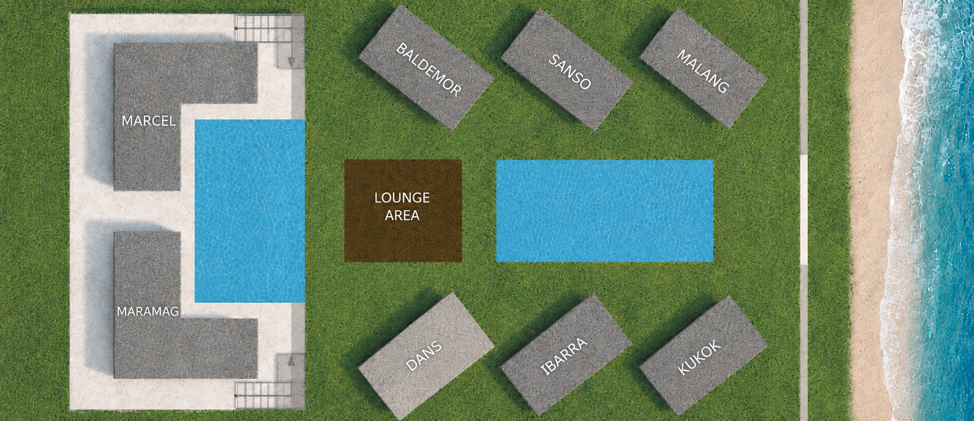 Veue Beach Cabins property layout — landscape view, beach on the right. Left: Horizon cabins Marcel and Maramag sharing the Horizon Exclusive Infinity Pool. Center: Shoreline cabins Baldemor, Sanso, Malang (upper row) and Dans, Ibarra, Kiukok (lower row) arranged around the shared lap pool and lounge area. Right: Patar White Beach.