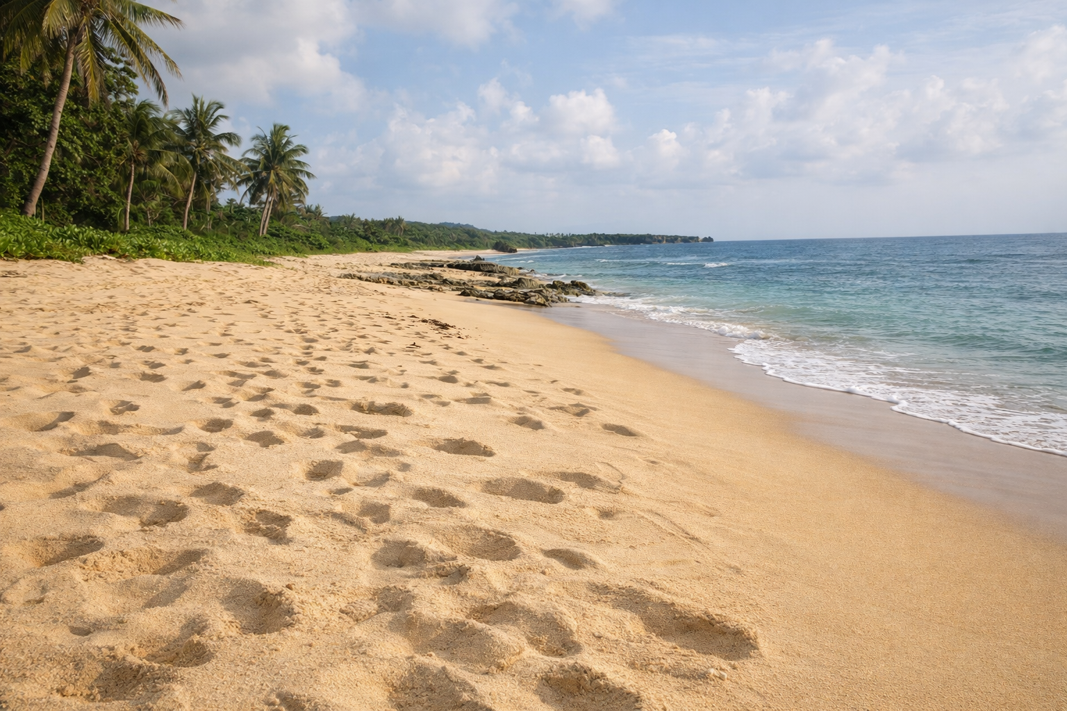 Small waves rolling onto the shore at Patar Beach, the sound and motion the central feature of the scene.
