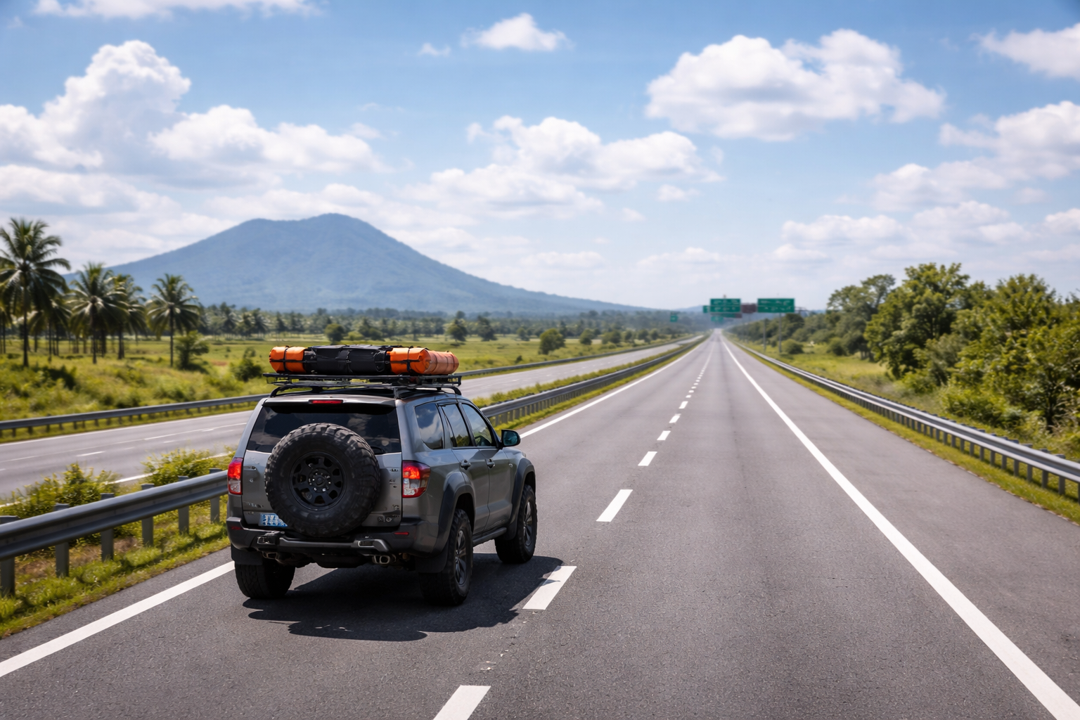 An open road winding north through fields and palm groves on the way to Patar Beach.