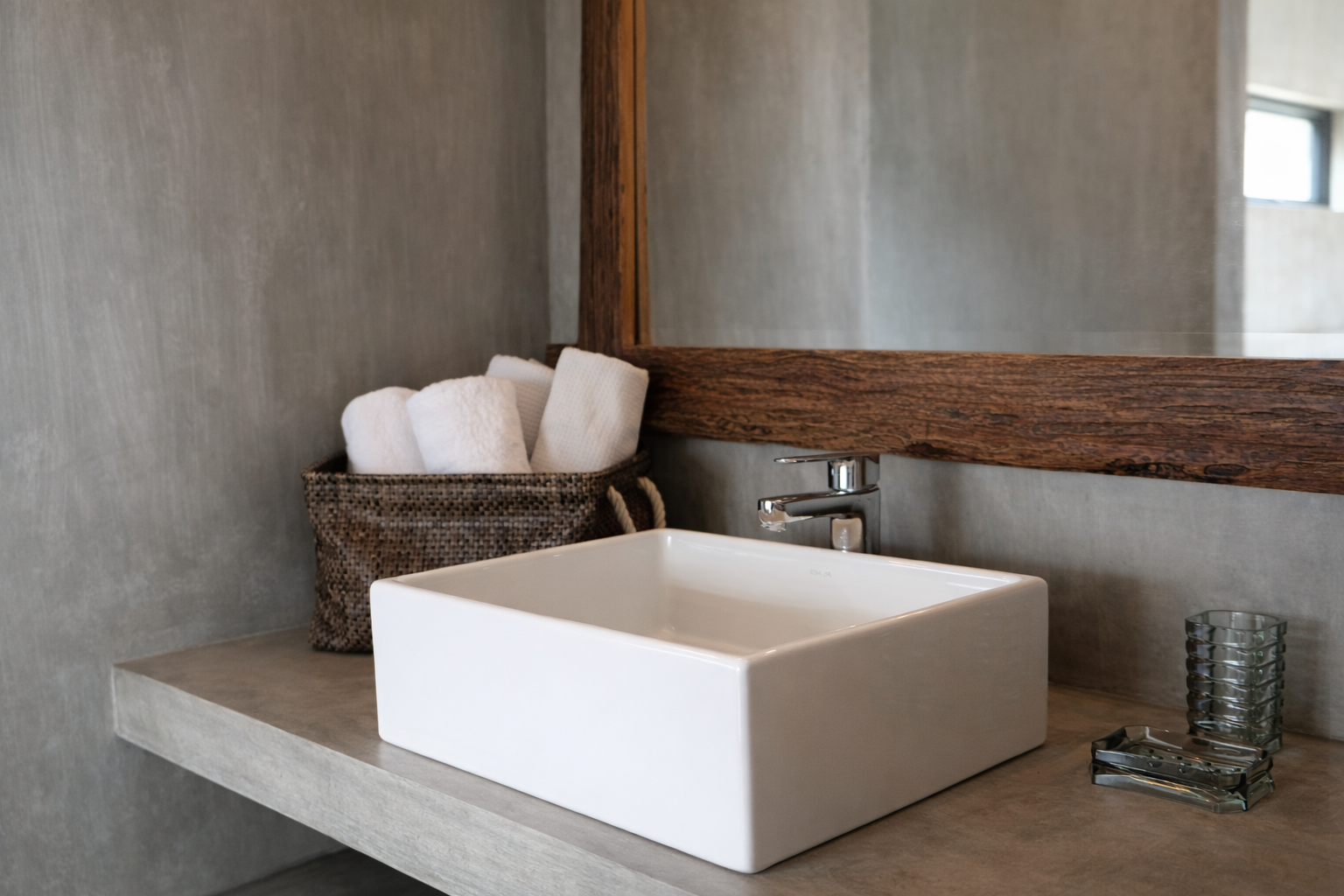 A vessel sink and wood-framed mirror on the vanity in a Shoreline cabin