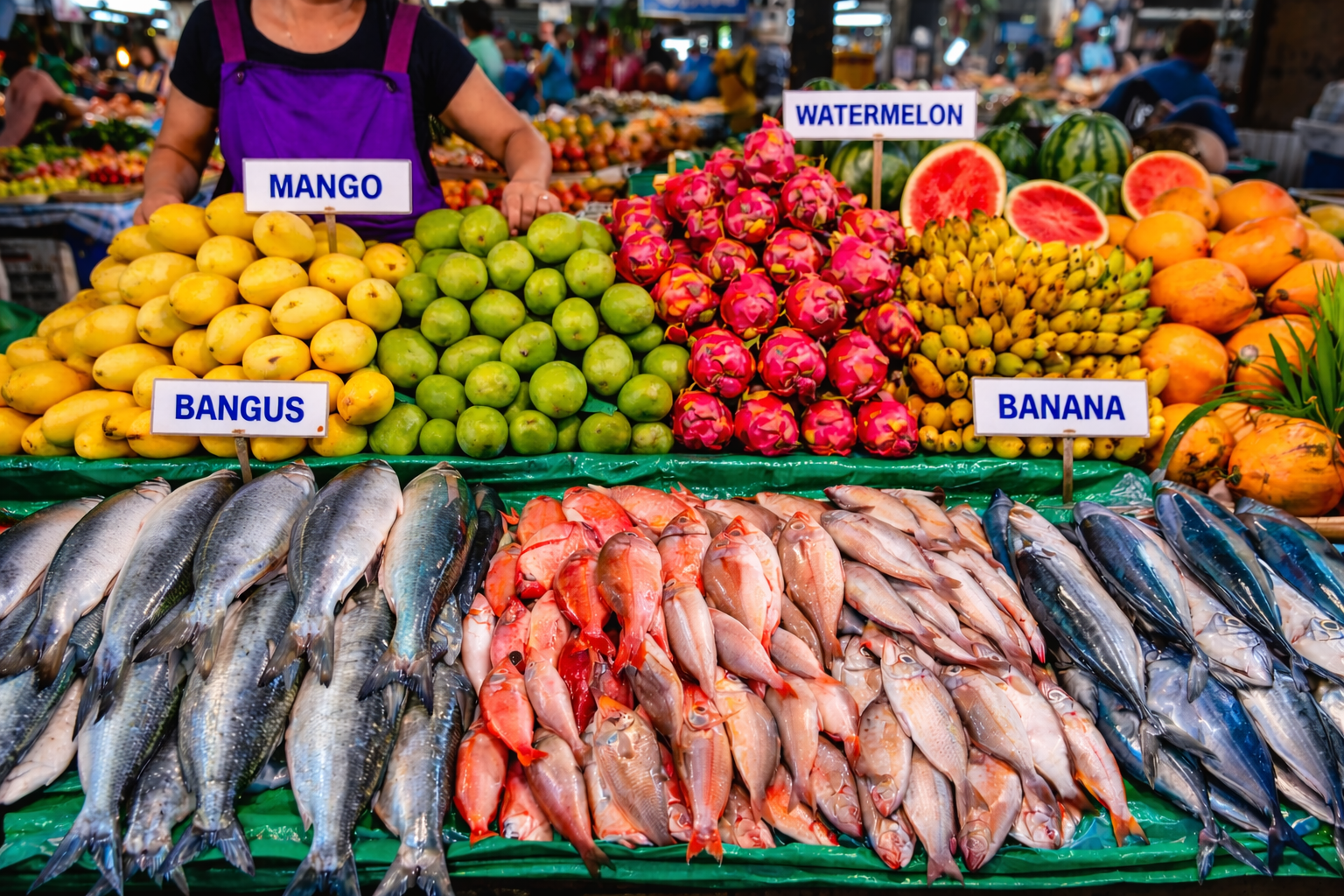 A wide view of the Bolinao Public Market, with fresh fish on ice in the front and labelled fruit stands behind, including bangus, mango, watermelon, and banana.