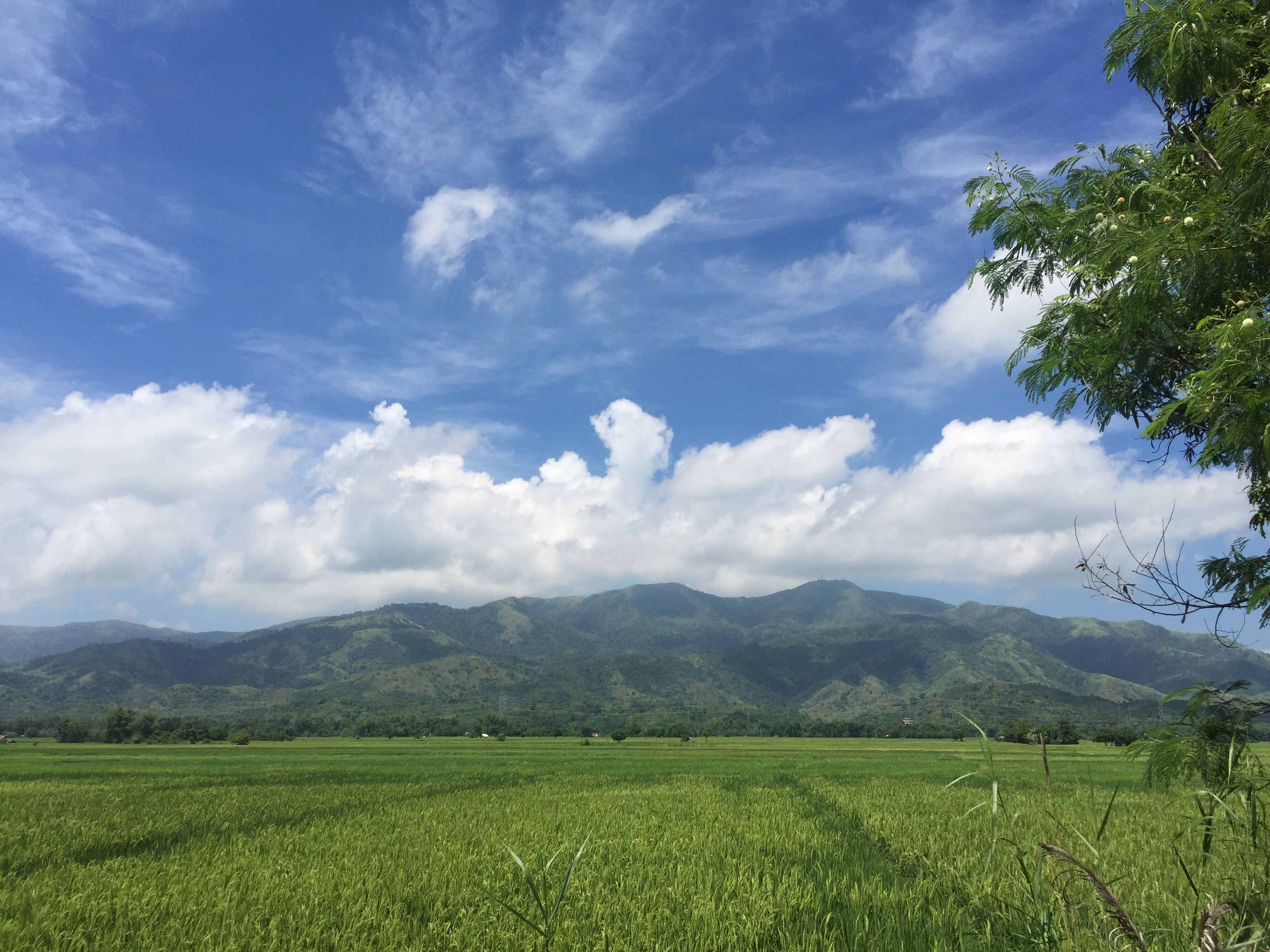 The Zambales mountain range seen from the road into Patar, low green ridges against a hazy sky.